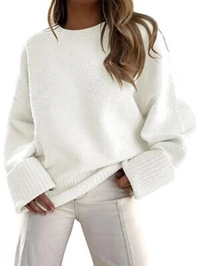 Womens Crewneck Long Sleeve Fuzzy Knit Casual Chunky Warm Fall Pullover Sweaters - Picture 1 of 6