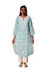 Indian Cotton Kurta Embroidered Kurti For Women Summer Top Chikan Sky Blue Dress