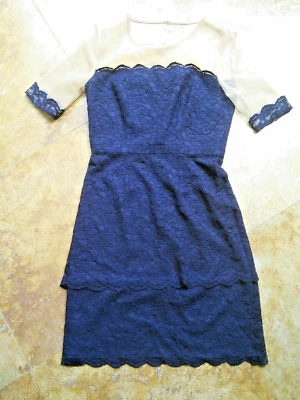 Cynthia Steffi lace tiered dress, navy blue and nude, Size 2 - Image 1 of 4