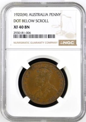 1920 M Australia 1 Penny, Dot Below Scroll, NGC XF 40, KM-23 - Image 1 of 2