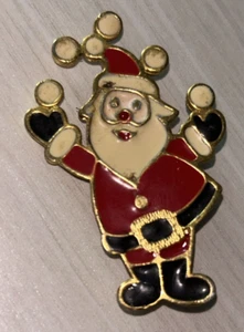 Vintage Enamel Santa Claus Pin Juggling Snowballs Signed BJ Red Cream & Black - Picture 1 of 4