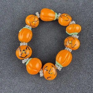 Glass Bead Halloween Pumpkin & Jack O’ Lantern Stretch Bracelet Artisan Jewelry - Picture 1 of 4
