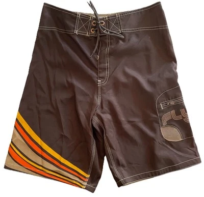 Mossimo Men’s Board Shorts 30 Brown Retro Stripe Surf Swim Trunks Flex Fly - Image 1 of 4