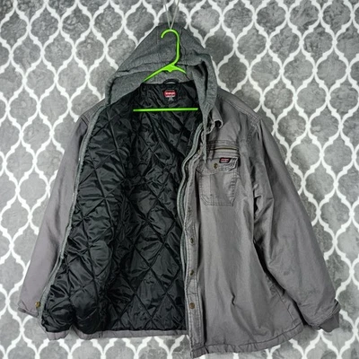 Wrangler Ropa de Trabajo Chaqueta Para Hombres XL Gris Con Capucha Acolchada Forrada Abrigo de Trabajo Bolsillos Foto 1 de 4