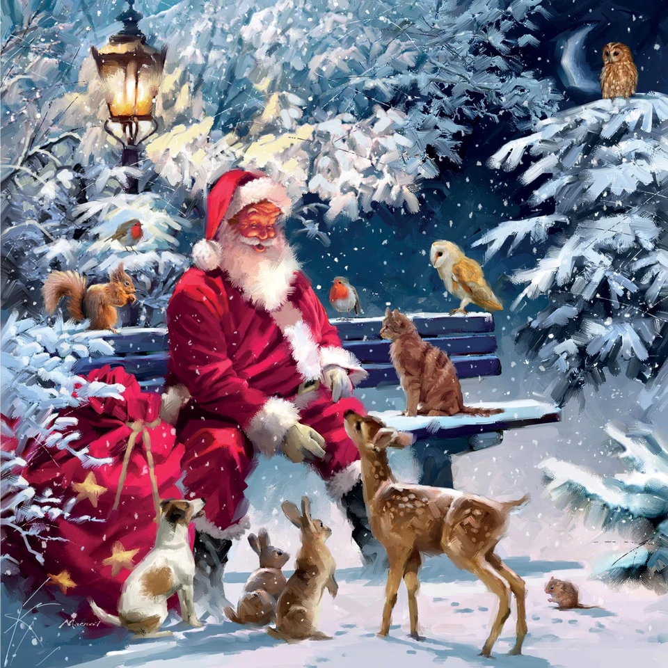 TRACKS PUBLISHING Magical Xmas Jolly Santa Feeding Forest Friends 5 Charity Christmas Cards Pack