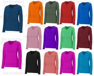 New Women's Ladies Long Sleeve V Neck Stretch T-Shirt Top Plus Size 8-26 - Picture 1 of 14