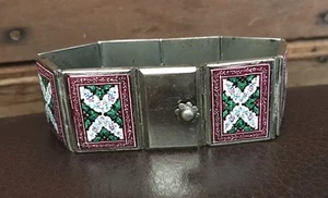 Vtg Hand-Enameled Panel Bracelet Floral Design Marked Czech or Russian w Tiny - Picture 1 of 6