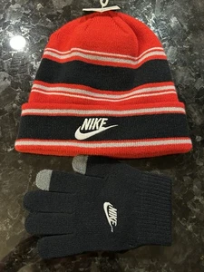 Nike Youth Boys Striped Red Beanie Hat and Gloves 2 Piece Set New - Picture 1 of 7