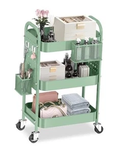 3 Tier Rolling Cart with DIY Pegboards Metal Utility Cart with Wheels Green - Picture 1 of 7