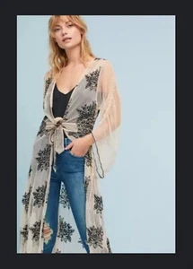 Anthropologie Rosa Embellished Kimono Summer Of Love Nude Mesh Black Flowers - Picture 1 of 13
