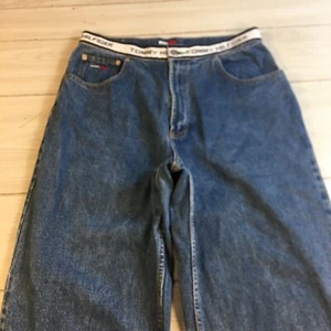 Vtg Tommy Hilfiger Jeans Mens 33/30 Baggy Hiphop Black Spell Out Waistband Skate - Picture 1 of 10