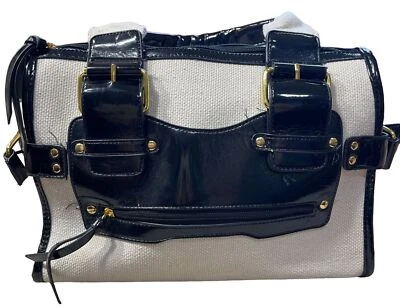 Unbranded Canvas and Patent Leather Satchel Handbag Black Cream - Image 1 of 4