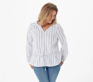 Denim & Co. Split V-Neck Long Sleeve Top with Flounce Hem - Size Small *NEW* - Picture 1 of 6