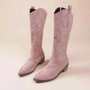 Botas de Vaquero Occidentales Bordadas Tacón Grueso Botas de Rodilla Alta Cuero PU Bota Larga - Imagen 1 de 26