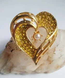 Broche prendedor corazón perla imitación diamantes de imitación amarillo citrino brillante de colección años 80 ~ ¡Bonito! - Imagen 1 de 6