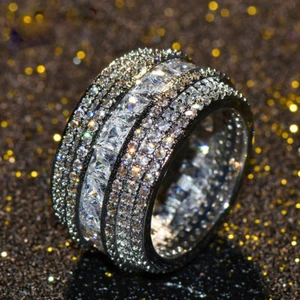 Luxury Women Big Full CZ Stackable Promise Eternity Band Ring Set In 925 Silver - Picture 1 of 3