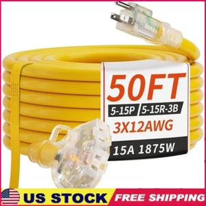 50FT 12AWG Outdoor Extension Cord 3 Outlet Weatherproof Light Indicator Durable - Picture 1 of 7