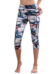 Printed High Waisted Blue White Yoga Gym Stretchy Capri Pants Leggings - Picture 1 of 25