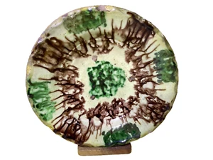 Vntg Bamiyan Style Handmade Scallop Edge Green & Brown 8”Clay Soup Plate,India - Picture 1 of 17