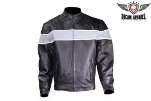Leather Black Men's Vented Motorcycle Racer Jacket W/ Front & Back Stripes - Picture 1 of 5