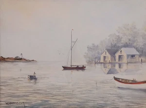 WENDELL F COLLUM c1950'S VINT FIRMATO O/B PAESAGGIO MARINO CON PORTO, BARCA A VELA, FARO - Foto 1 di 18