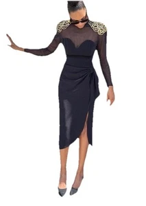 Betsy Adam Vintage Gold Embroidered Long Mesh Sleeve Black Midi Dress - Picture 1 of 12