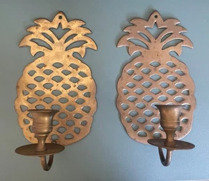 Vintage Brass Metal Large Pineapple Wall Sconce Candle Holder Boho Set of 2 - Picture 1 of 6