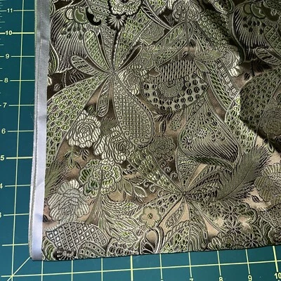 Japanese Brocade Fabric 8 7/8 Yards By 29” wide Satin Silk Champagne & Lime - Image 1 of 3