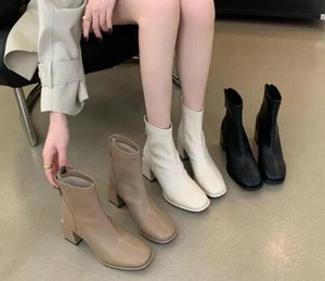 Womens Fashion Winter Square Toe Stretchy Socks Shoes Block Mid Heels Ankle Boot - Picture 1 of 15