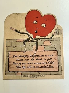 Tarjeta de caramelo Humpty Dumpty VALENTINE POPS E ROSEN CO 1940 corazón rojo - Imagen 1 de 3