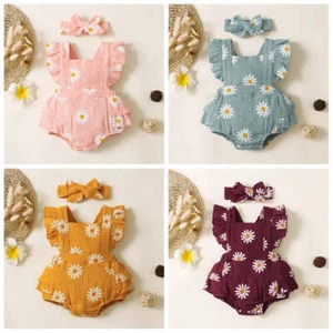 Infant Baby Girl Romper Ruffle Sleeveless Newborn Bodysuit with Headband - Picture 1 of 10