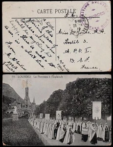 1919 BRITISH SOLDIERS LEAVE HOME - LOURDES Cachet PPC to A.P.O.1- B.E.F. France - Picture 1 of 1