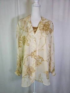 NYC Design Co Shear Button-Up Top with Satin Tank Top Size M Floral Gold Yellow - Bild 1 von 6