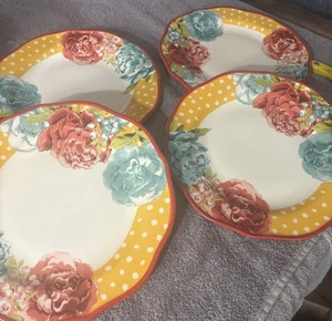 "4 platos de cena PIONEER WOMAN gres flor jubileo amarillo rojo floral 10""" - Imagen 1 de 8