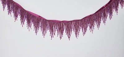 Fuchsia Beaded Fringe Trim – 9 Yards, 3” Width, Glass Beads, Used - Image 1 of 4