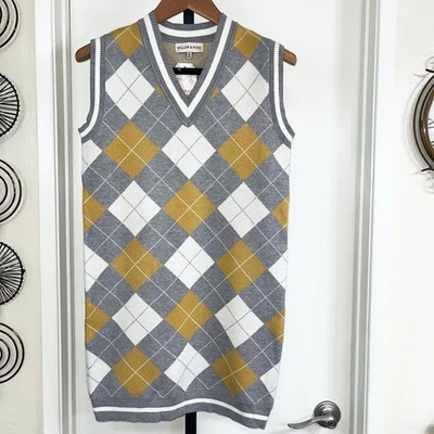 Nuevo con etiquetas Vestido Chaleco Suéter Willow & Wind Argyle Hasta la Rodilla - Gris Amarillo, Talla M Foto 1 de 4