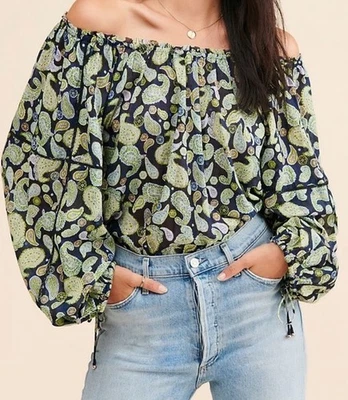 Macacão Free People XS Off Shoulder Paisley Camponês Manga Longa Boho Festival - Imagem 1 de 4