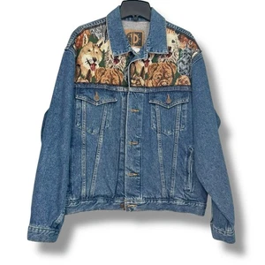 Vintage bestickte Denim Jeansjacke Neuheit Hundedruck Kreuzstich Retro Gr. L - Bild 1 von 8