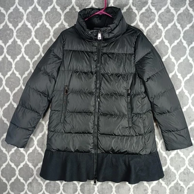 Moncler Jacket Womens Medium Black Down Puffer Wool Ruffle Hem Coat Italy - Image 1 of 4