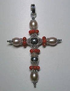 Brand New Sterling Silver Freshwater Pearl & Dyed Red Coral 3" Cross Pendant - Picture 1 of 6