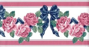 Sweet Pink Roses Bouquet on White with Blue Ribbons Pink Stripe Wallpaper Border - Picture 1 of 4