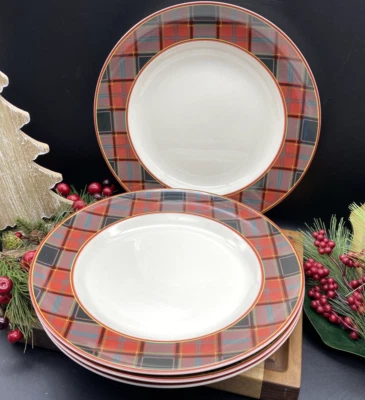 SPODE Christmas Tree Tartan Pattern 10.5" Dinner Plates Red/Black (SET OF 4) NEW - Image 1 of 4