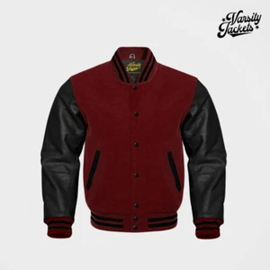 Maroon body Black Sleeves Pro Varsity Jacket | Letterman Baseball College Bomber - Picture 1 of 5