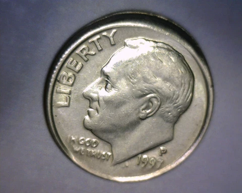 1997 P ROOSEVELT DIME,  OFF CENTER, TILTED PARTIAL COLLAR,   US ERROR COIN Cover