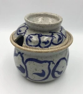 VTG 70s Stoneware Honey Jar Pot Bowl Blue Pear Design Hand Made Painted Repaired - Picture 1 of 8