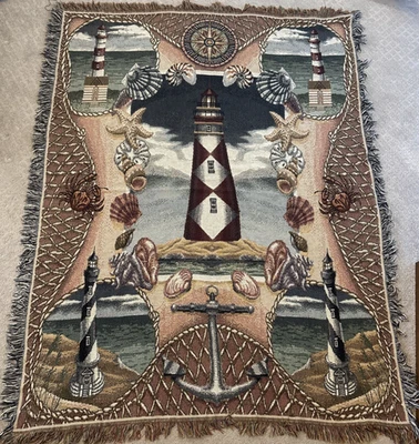 Nautical Lighthouse Woven Tapestry Throw Blanket 68" x 48" + 2" Fringe - Image 1 of 4