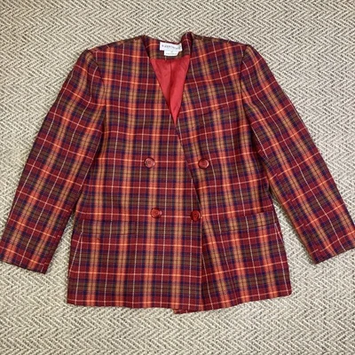 JOHN MEYER Of NORWICH Women’s Size 12 Red Plaid Collarless Long Sleeve Blazer - Image 1 of 4