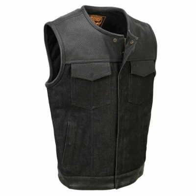 Milwaukee Leather 3008 Men's Perforated Leather and Denim Club Style Biker Vest - Image 1 of 4