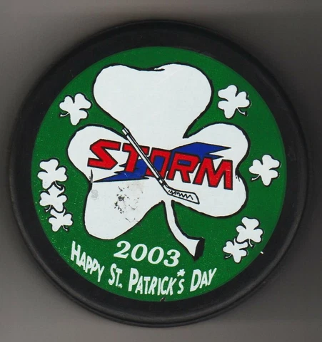Toledo Storm 2003 Happy St. Patrick's Day White Shamrocks ECHL LinCan Puck Cover