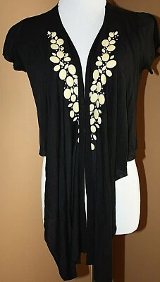 Velvet Black Shrug Sweater Large Yellow Beads RhinestoneTie Front Short Sleeves - Image 1 of 4